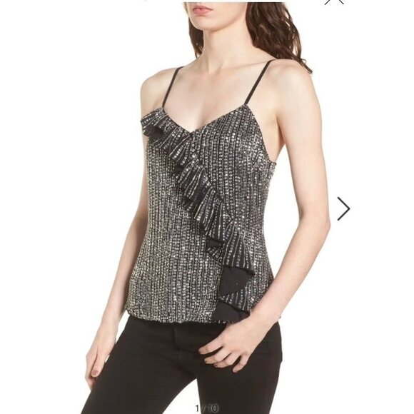 Parker Parker Justine Sequin Ruffled Frill Black Silver Camisole Top X-Small XS - Picture 2 of 9